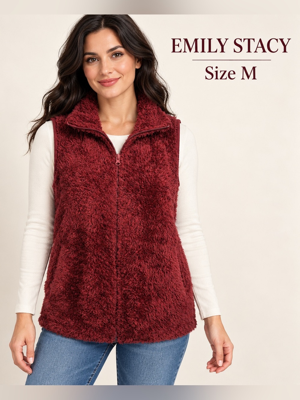 Emily Stacy Burgundy Shaggy Fleece Zip-Up Vest Size M cozy fall winter preppy